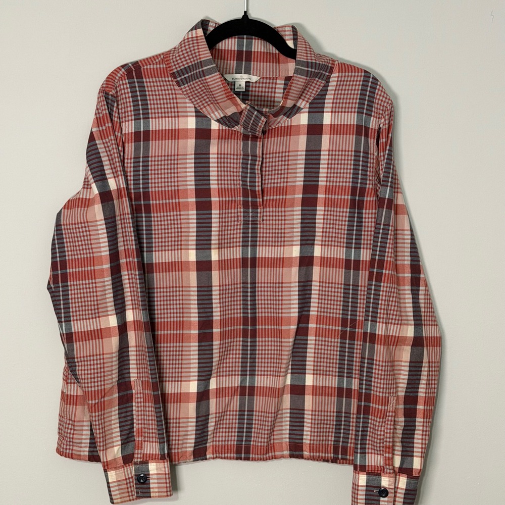 LL Bean Signature Women M Plaid Mock Funnel Neck Popover Shirt Drawstring Hem